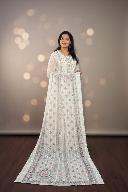 White Fully Embroidered Chinon Suit Set