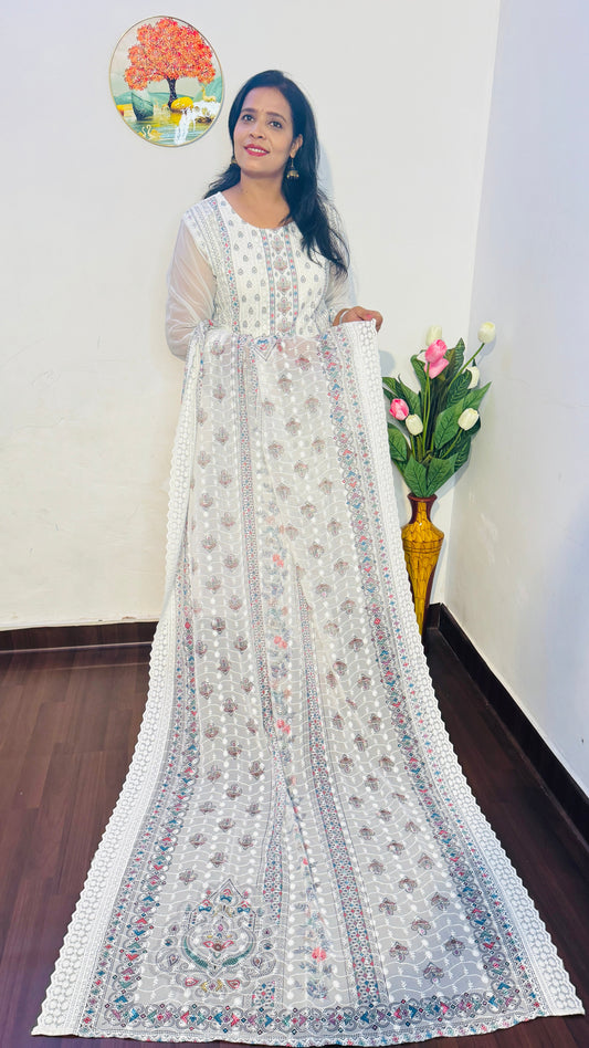 WHITE FULL EMBROIDERED CHINON SUIT SET