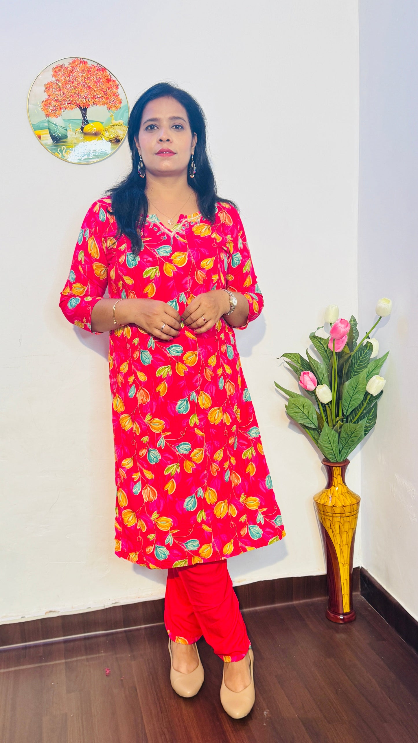 RANI PINK FLORAL RAYON EMBROIDERED SUIT SET