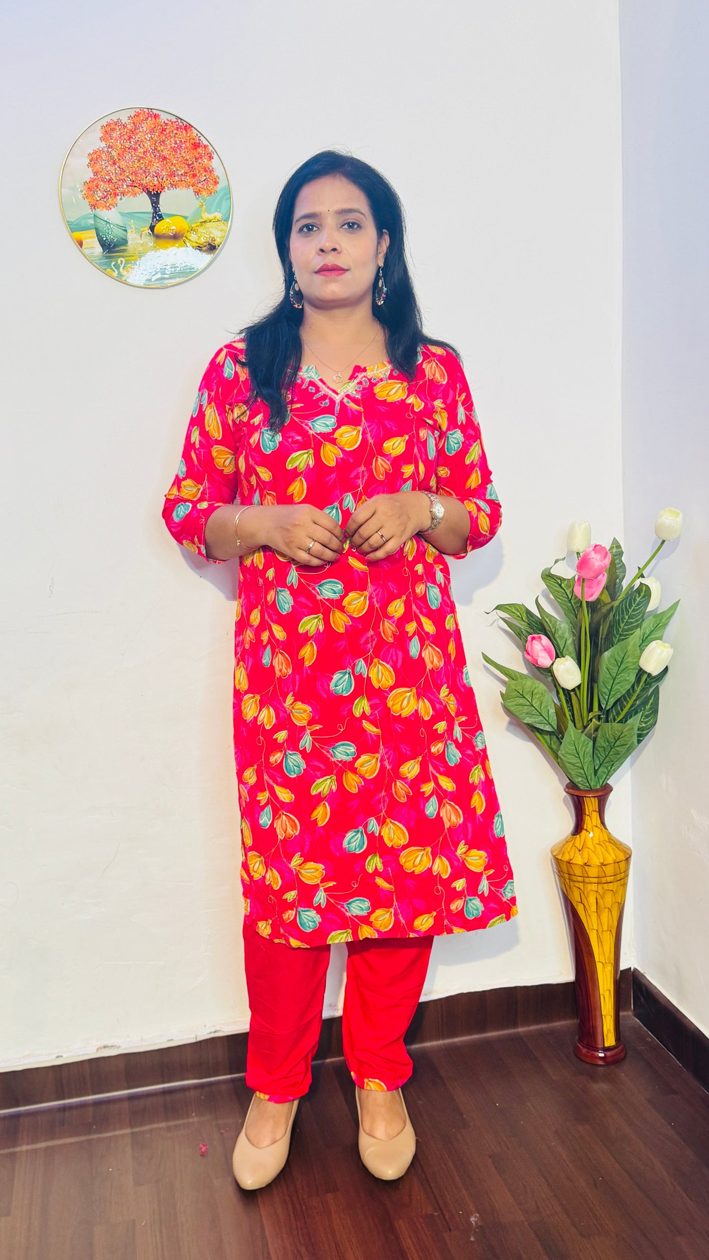 RANI PINK FLORAL RAYON EMBROIDERED SUIT SET