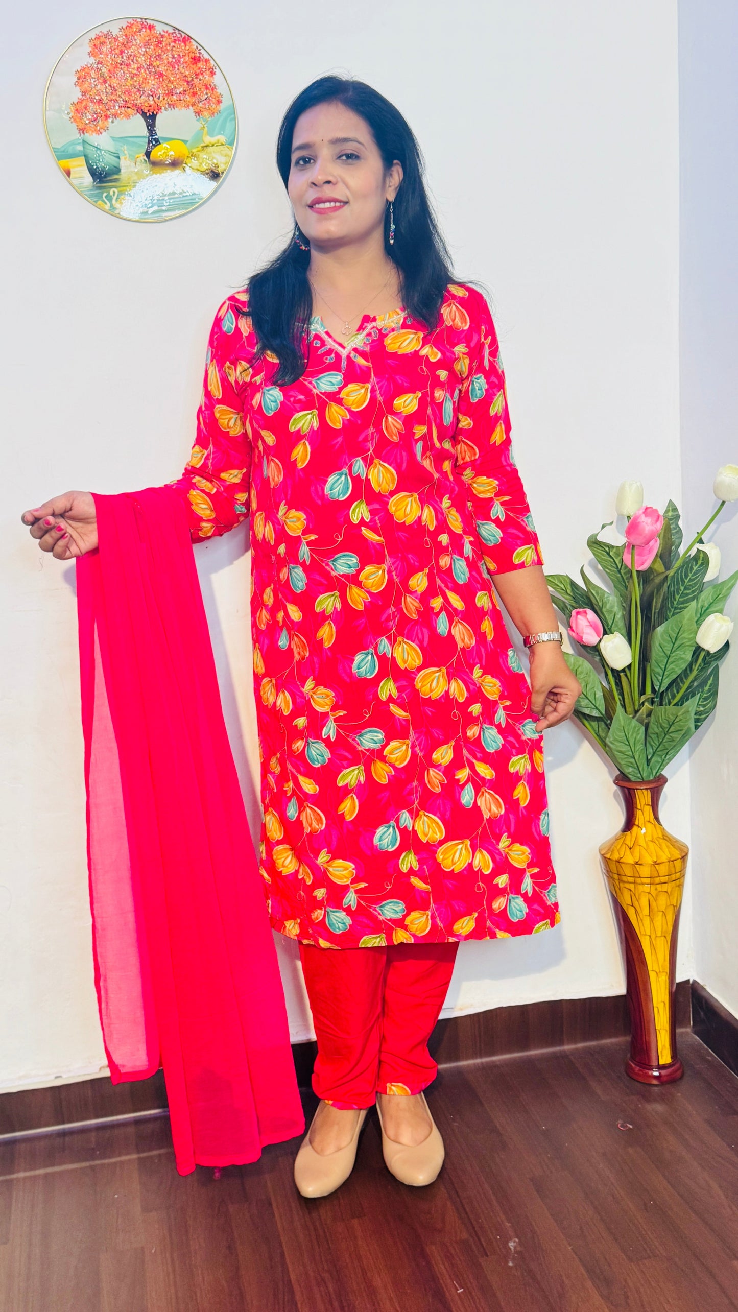 RANI PINK FLORAL RAYON EMBROIDERED SUIT SET
