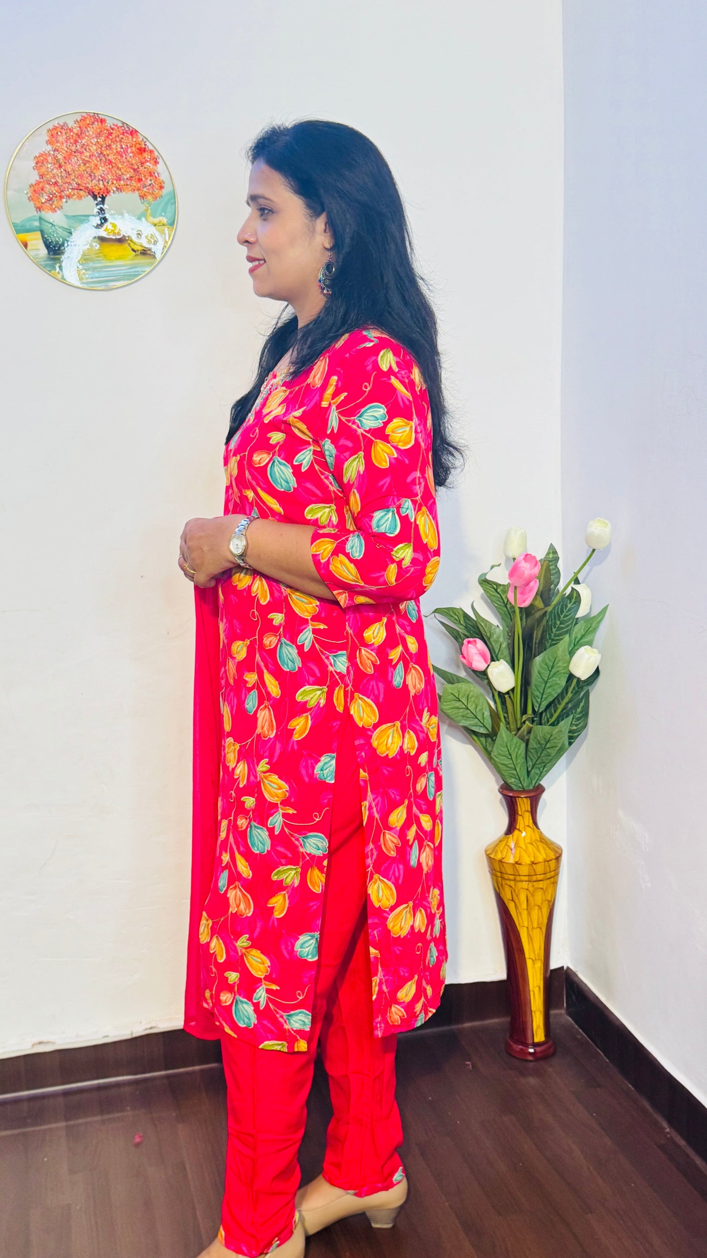 RANI PINK FLORAL RAYON EMBROIDERED SUIT SET