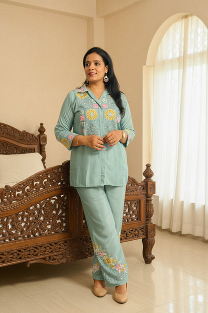 Pista Green Chinon Fully Embroidered Shirt Co-Ord Set
