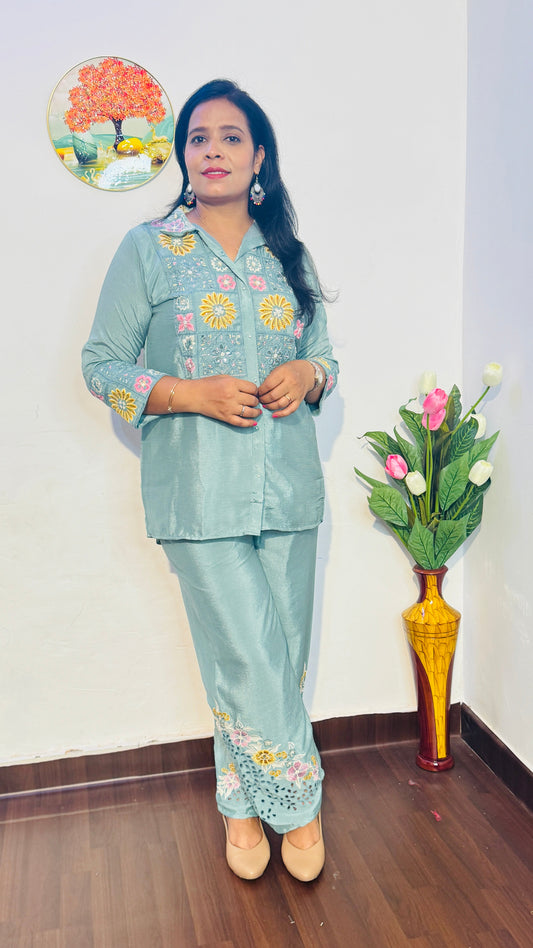 CHINON PISTA GREEN SHIRT FULL EMBROIDERED CO-ORDS SET
