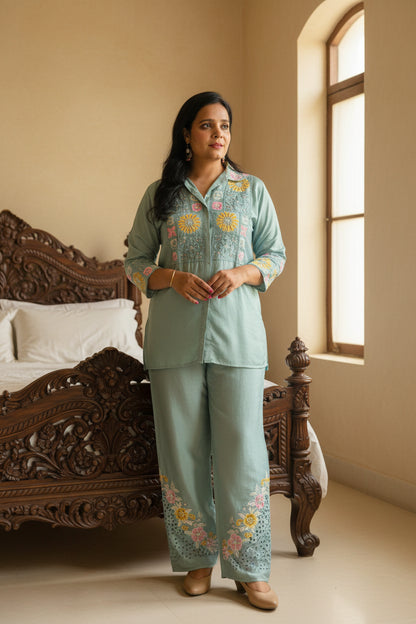Pista Green Chinon Fully Embroidered Shirt Co-Ord Set