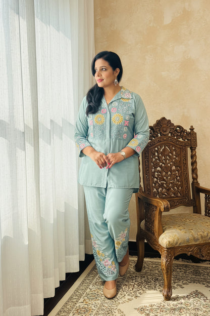 Pista Green Chinon Fully Embroidered Shirt Co-Ord Set