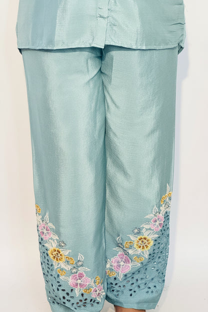Pista Green Chinon Fully Embroidered Shirt Co-Ord Set
