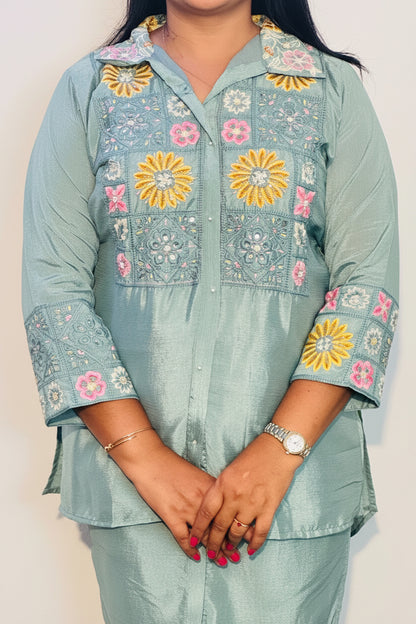 Pista Green Chinon Fully Embroidered Shirt Co-Ord Set
