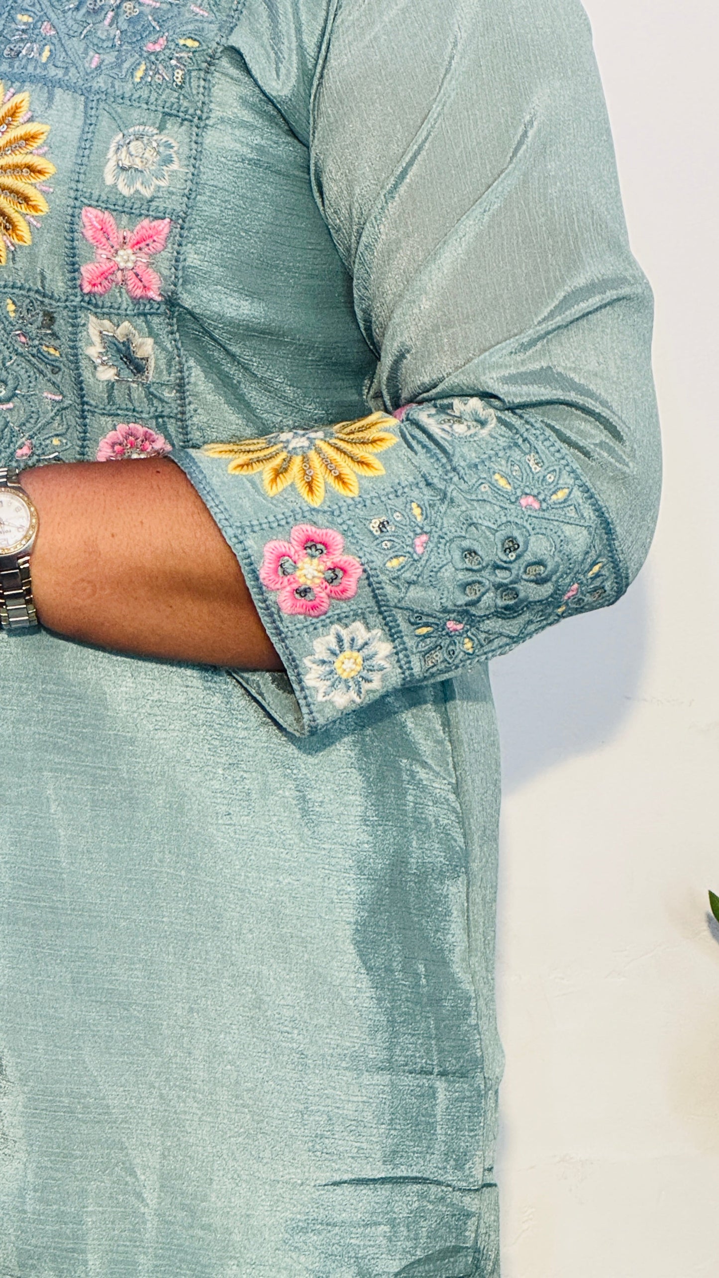 CHINON PISTA GREEN SHIRT FULL EMBROIDERED CO-ORDS SET