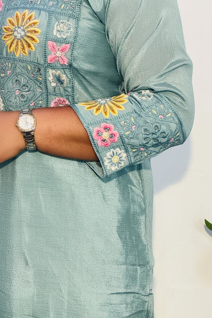 Pista Green Chinon Fully Embroidered Shirt Co-Ord Set