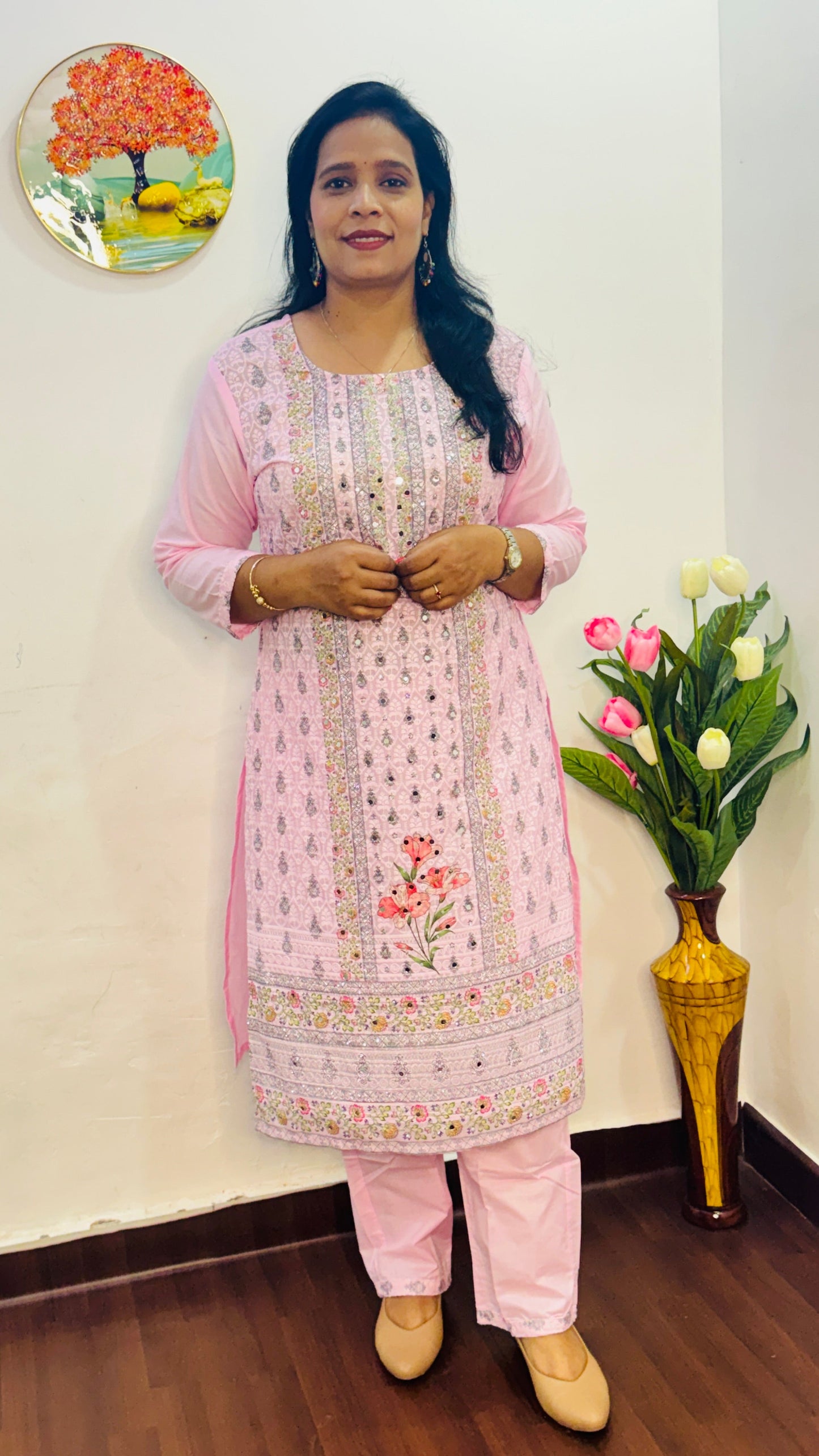 COTTON  SIFLY PINK  SUIT SET WITH MIRROR WORK | BHAVIAURA