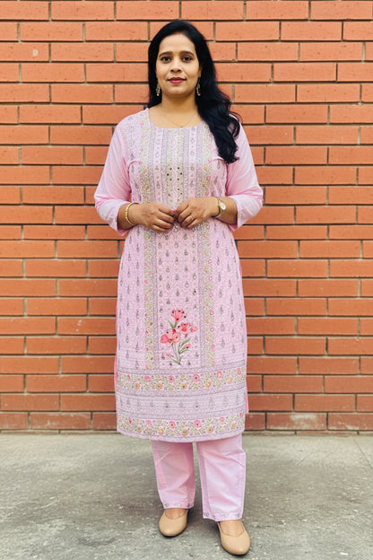 Pink Cotton Suit Set with Mirror Work for Women