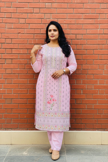 Pink Cotton Suit Set with Mirror Work for Women