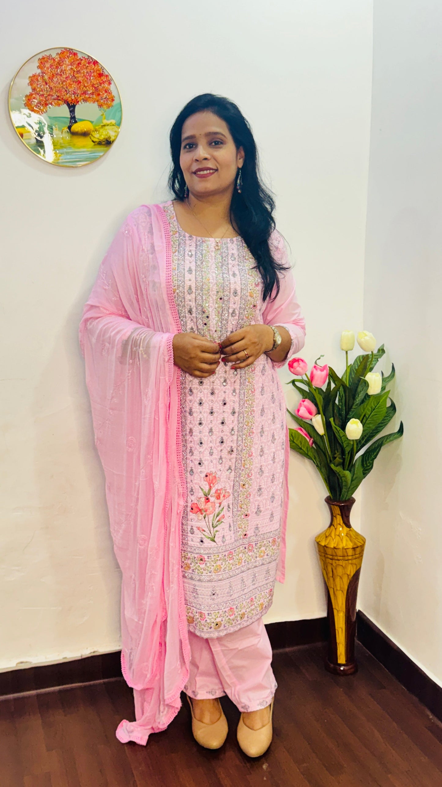 COTTON  SIFLY PINK  SUIT SET WITH MIRROR WORK | BHAVIAURA