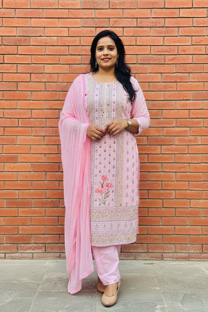 Pink Cotton Suit Set with Mirror Work for Women