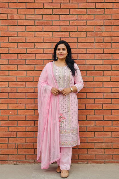 Pink Cotton Suit Set with Mirror Work for Women