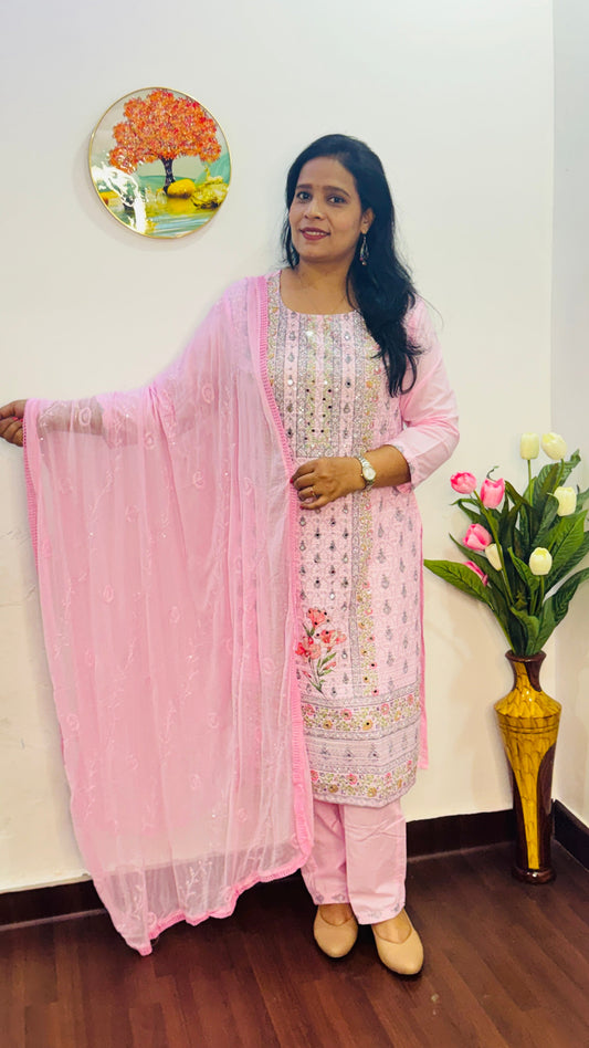 COTTON  SIFLY PINK  SUIT SET WITH MIRROR WORK | BHAVIAURA