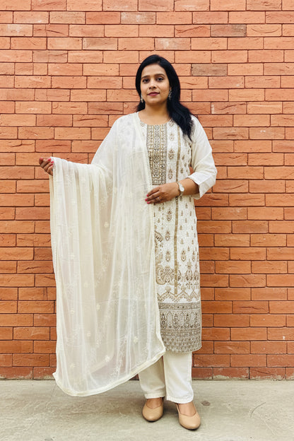 Off-White Schiffli Cotton Suit Set