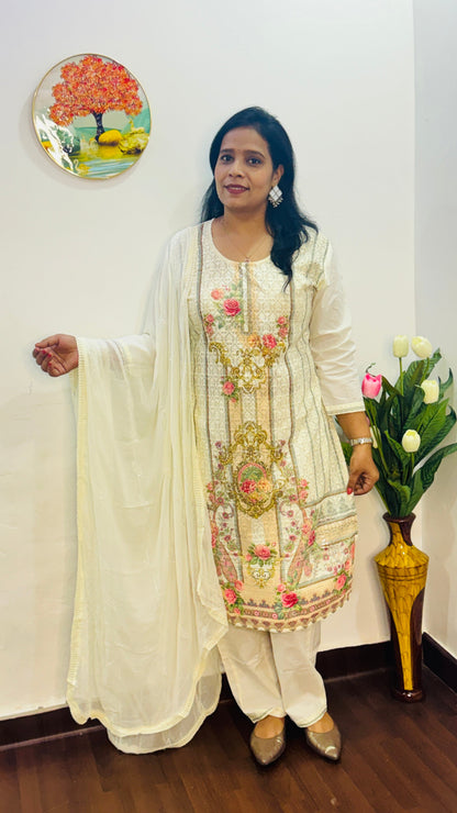 Pastel Yellow Cotton Schiffli  Suit Set