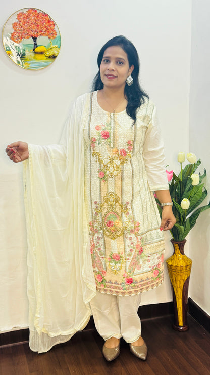 Pastel Yellow Cotton Schiffli  Suit Set