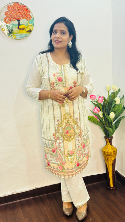 Pastel Yellow Cotton Schiffli  Suit Set