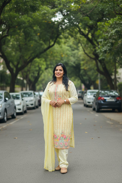 Lemon Yellow Cotton Schiffli  Suit Set