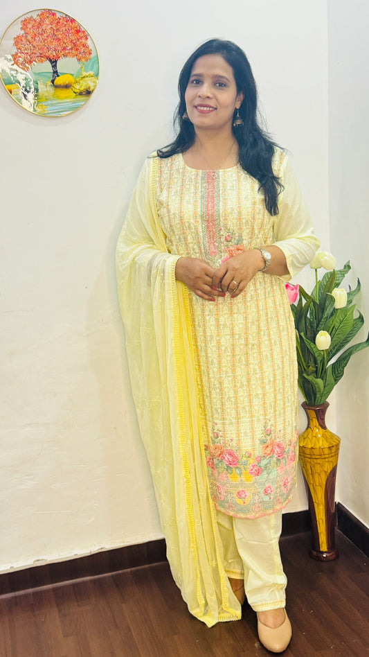 COTTON  SIFLY  LEMON YELLOW SUIT SET WITH BEADS WORK |BHAVIAURA