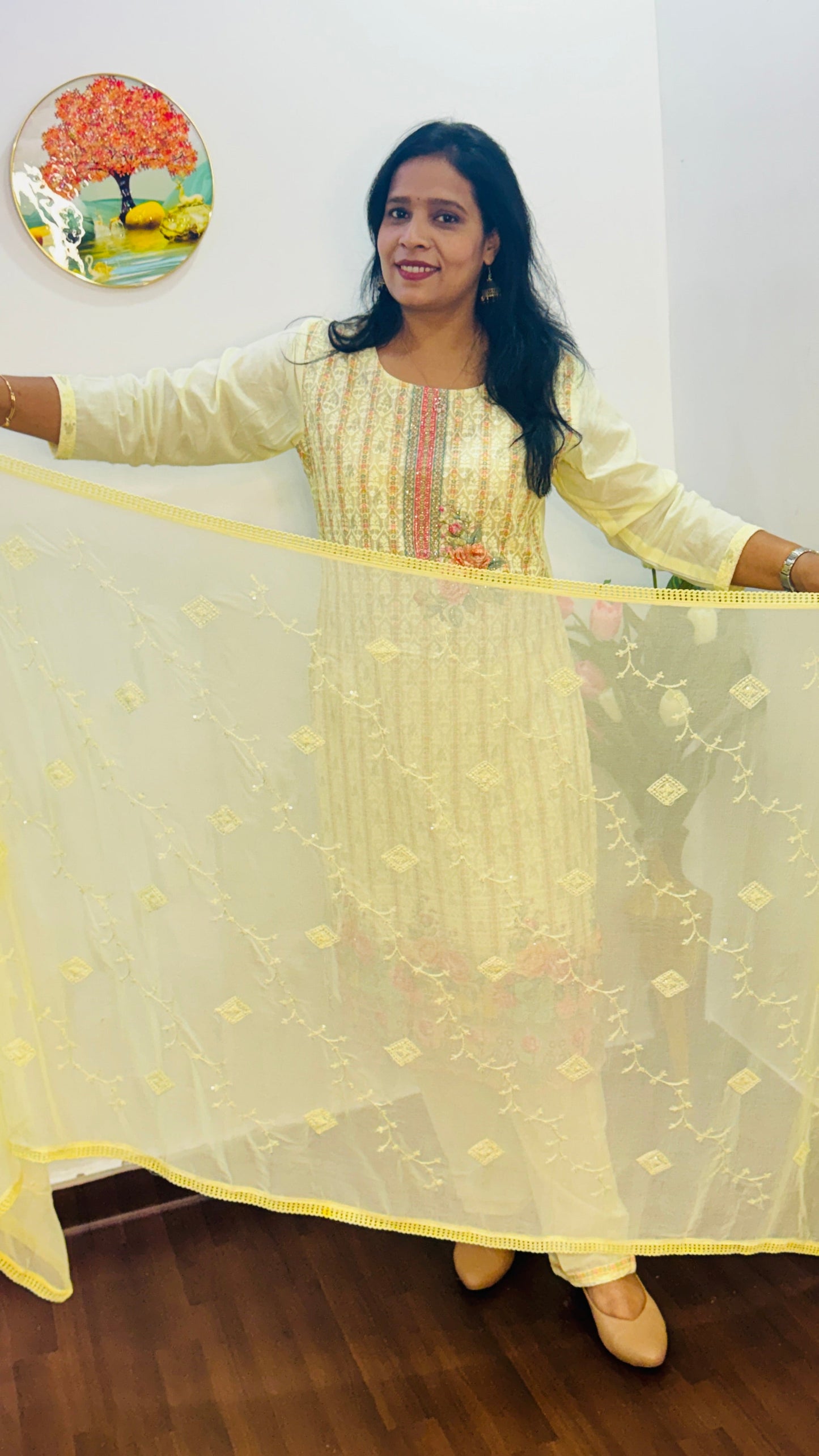 COTTON  SIFLY  LEMON YELLOW SUIT SET WITH BEADS WORK |BHAVIAURA