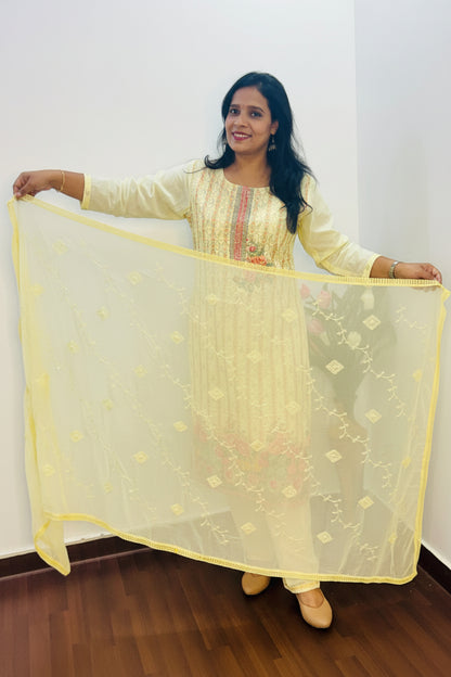 Lemon Yellow Cotton Schiffli  Suit Set