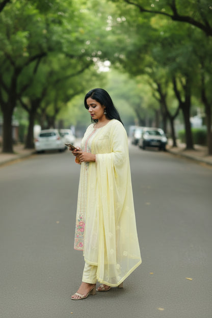 Lemon Yellow Cotton Schiffli  Suit Set