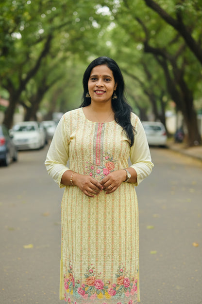 Lemon Yellow Cotton Schiffli  Suit Set