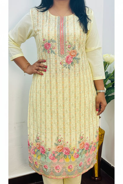 Lemon Yellow Cotton Schiffli  Suit Set