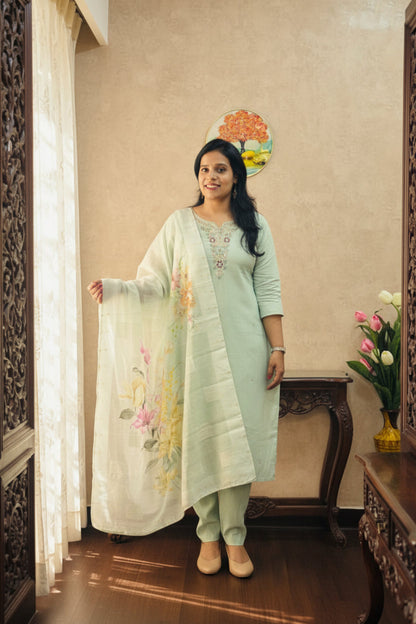 Pista Green Embroidered Dola Silk Suit Set