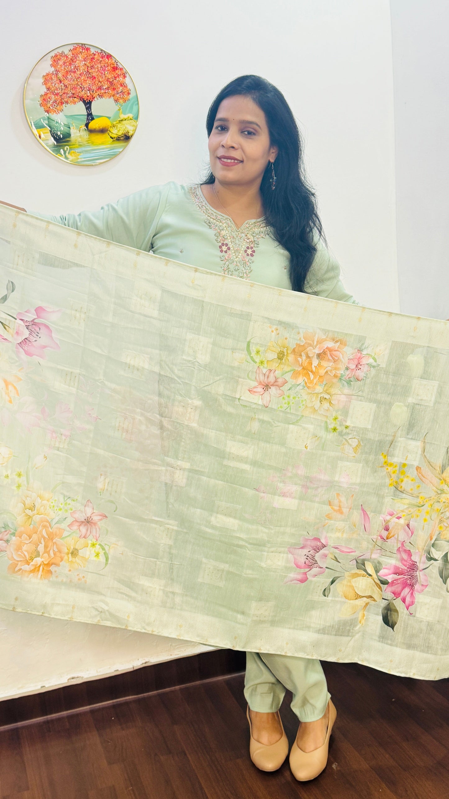 PISTA GREEN EMBRODERED DOLA SILK KURTA SET