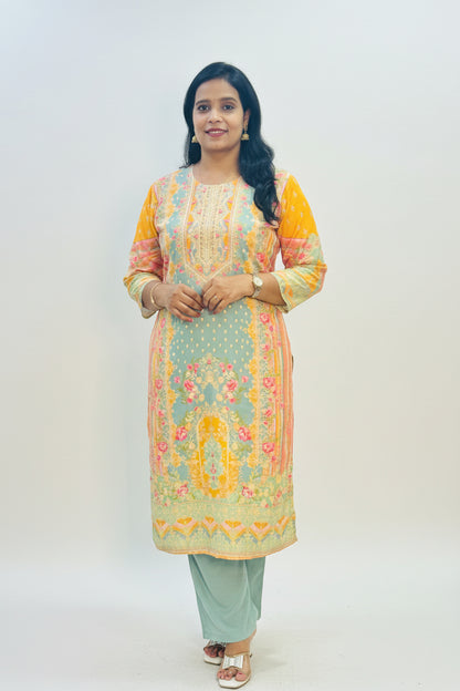 Yellow Digital Print Muslin Suit Set