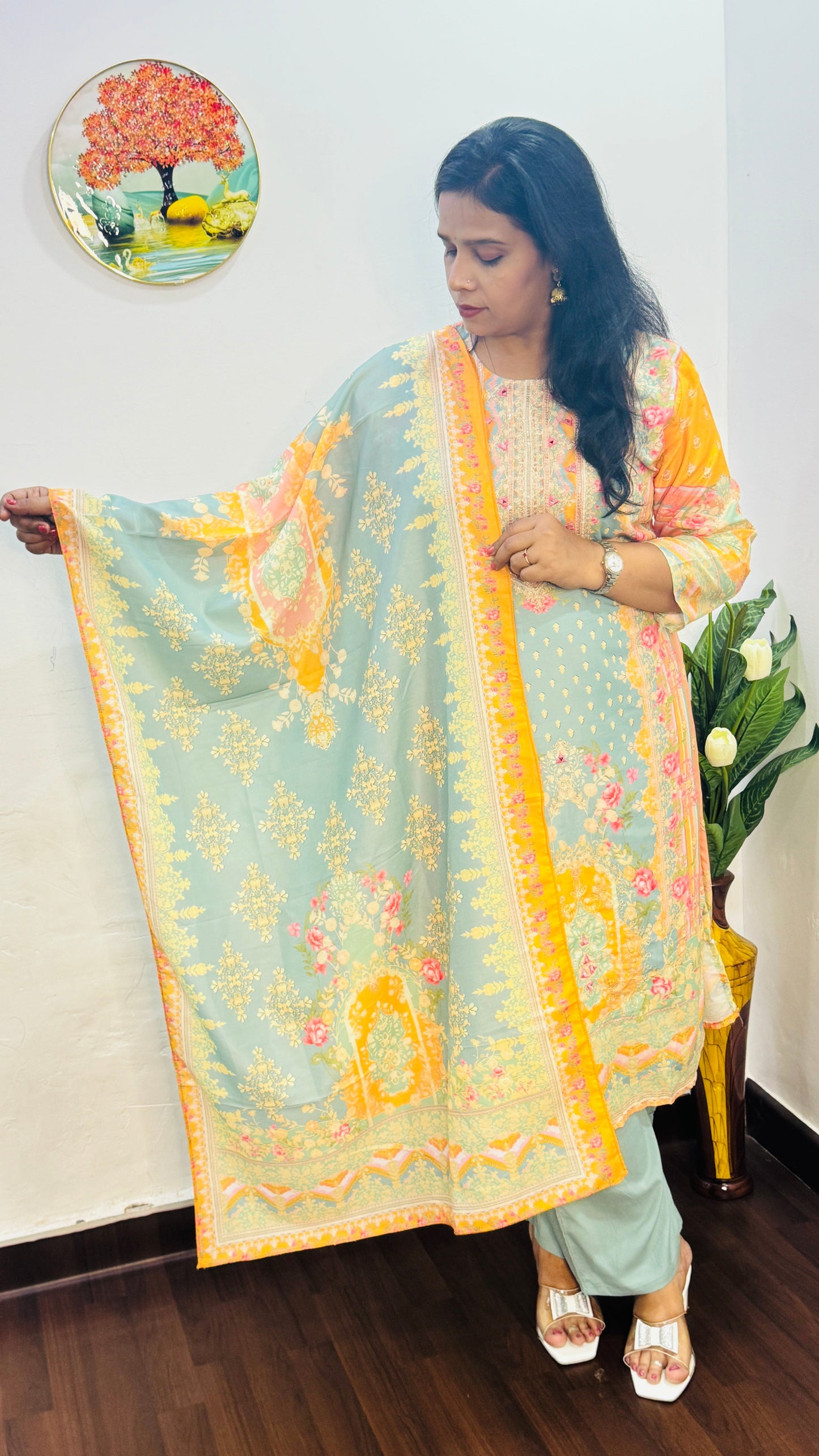 SKY BLUE DIGITAL PRINT MUSLIN SUIT SET