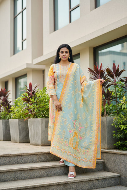Yellow Digital Print Muslin Suit Set