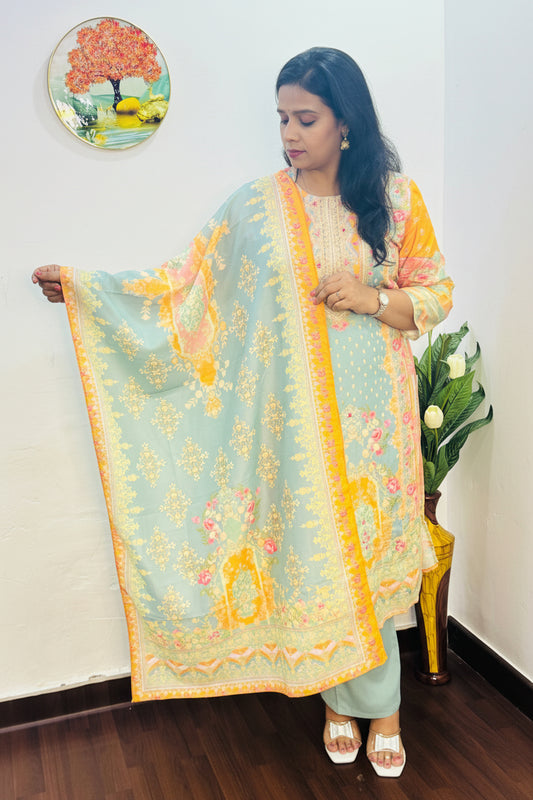 SKY BLUE DIGITAL PRINT MUSLIN SUIT SET