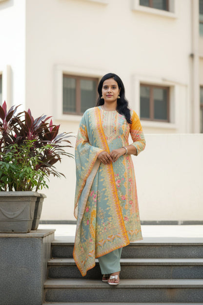 Yellow Digital Print Muslin Suit Set