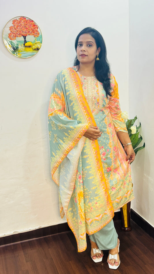 SKY BLUE DIGITAL PRINT MUSLIN SUIT SET