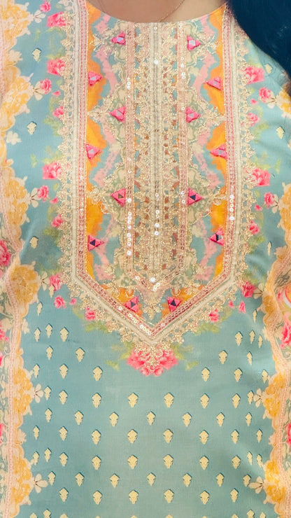 Yellow Digital Print Muslin Suit Set