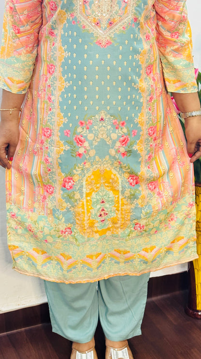 Yellow Digital Print Muslin Suit Set