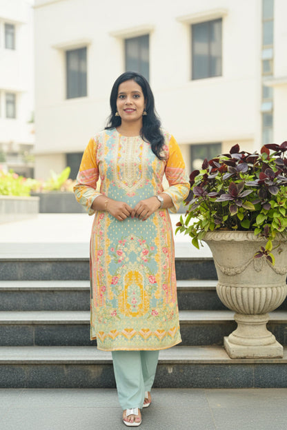 Yellow Digital Print Muslin Suit Set