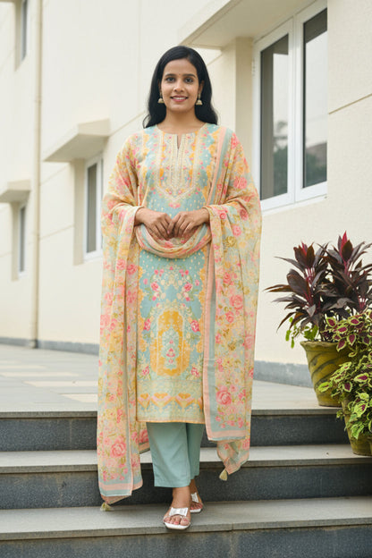 Yellow Digital Print Muslin Suit Set