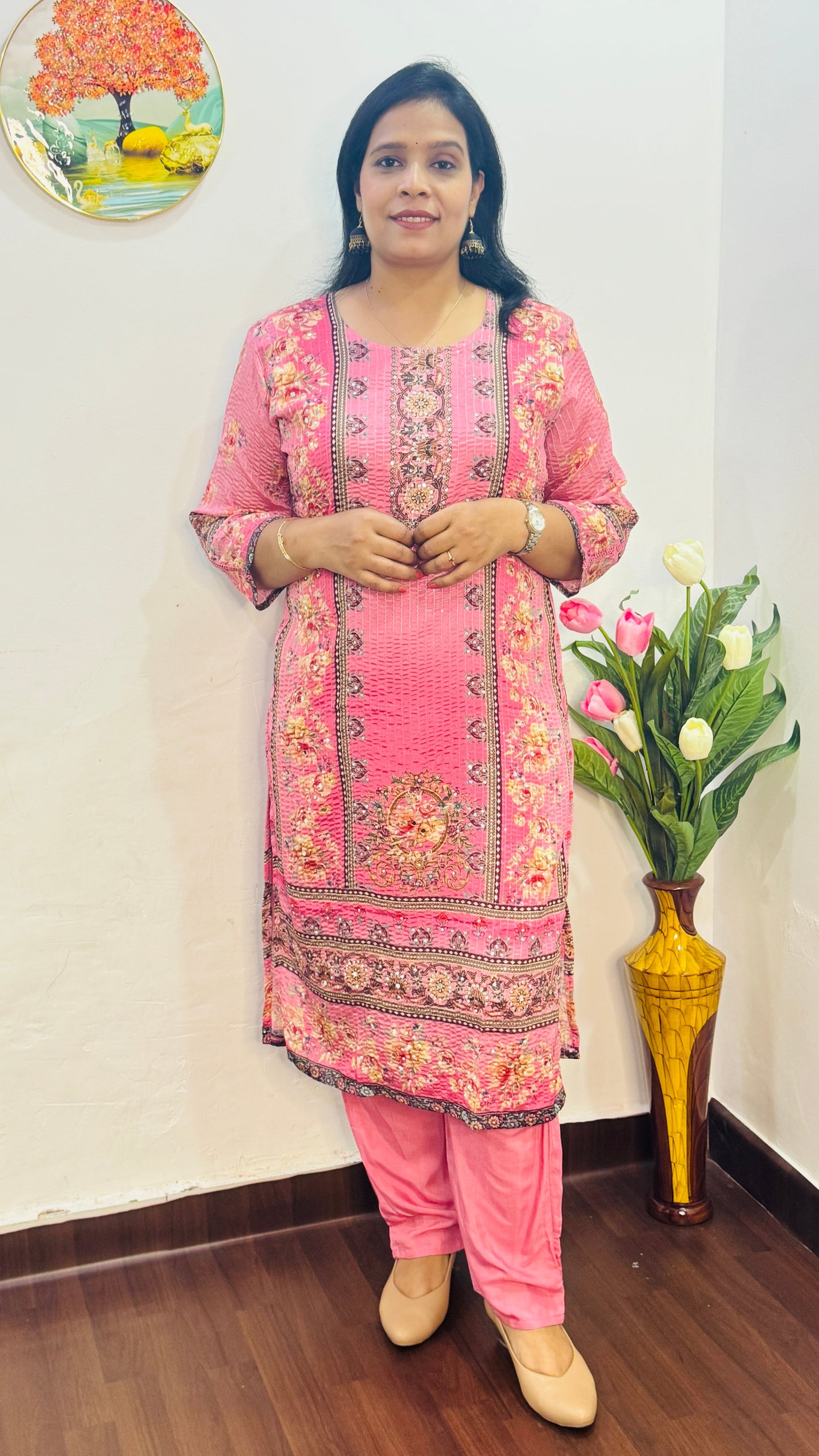 BABY PINK  CHINON GOLDEN SEQUIN WITH MIRROR WORK SUIT SET