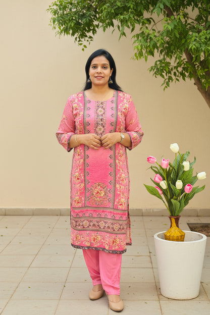 Baby Pink Chinon Suit Set with Golden Sequin & Mirror Work