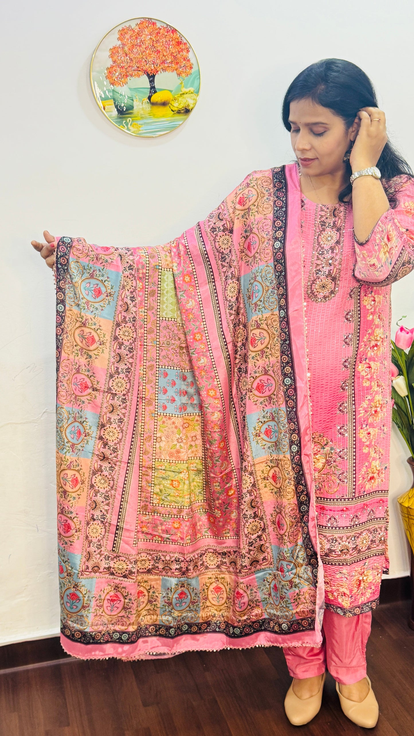 BABY PINK  CHINON GOLDEN SEQUIN WITH MIRROR WORK SUIT SET