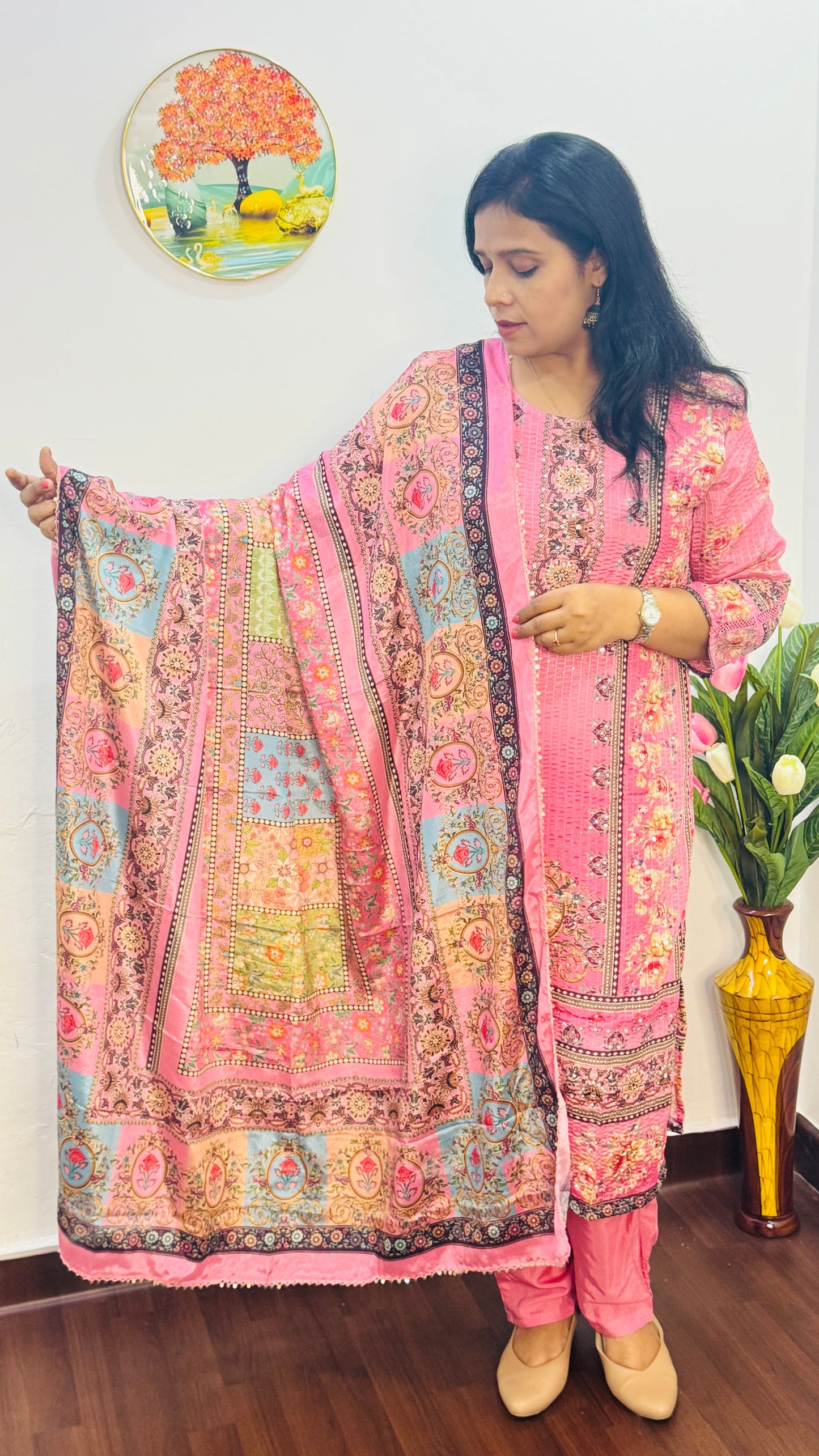 BABY PINK  CHINON GOLDEN SEQUIN WITH MIRROR WORK SUIT SET