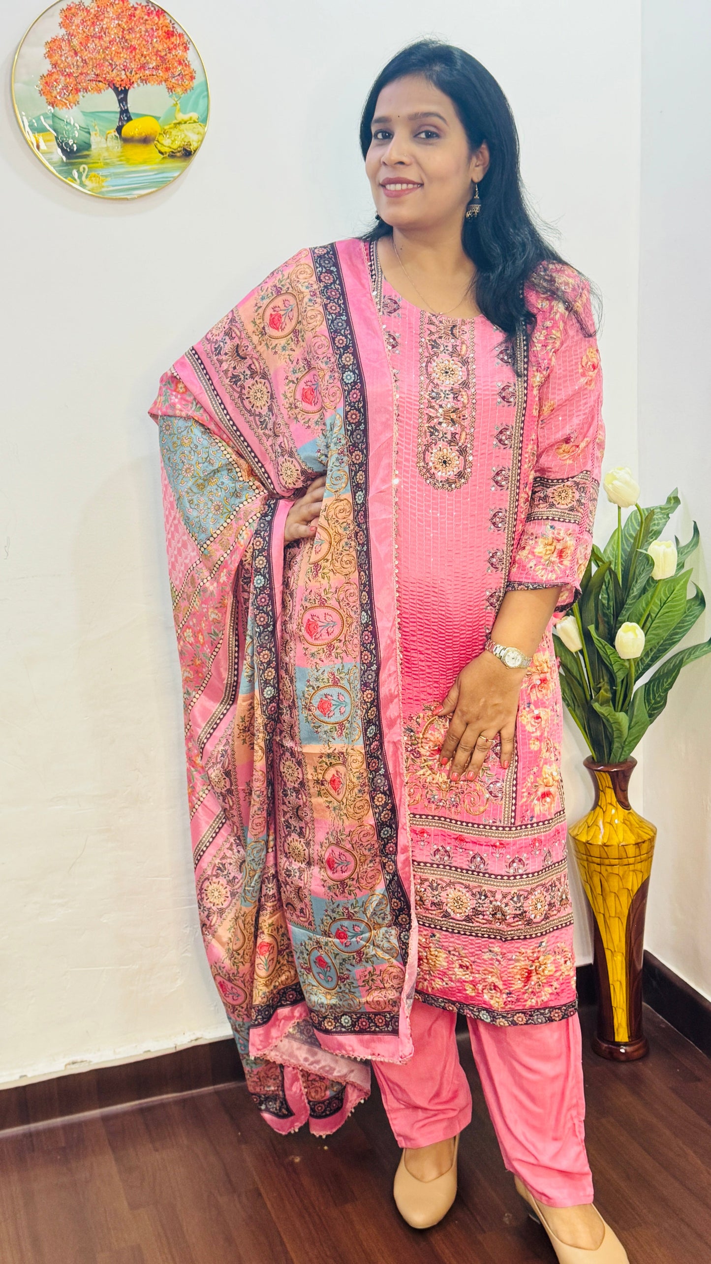 BABY PINK  CHINON GOLDEN SEQUIN WITH MIRROR WORK SUIT SET