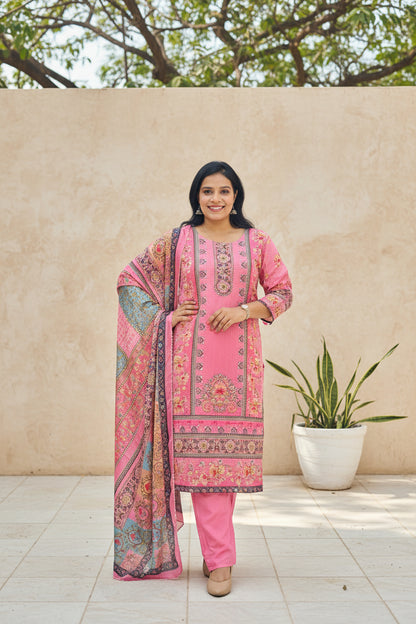 Baby Pink Chinon Suit Set with Golden Sequin & Mirror Work